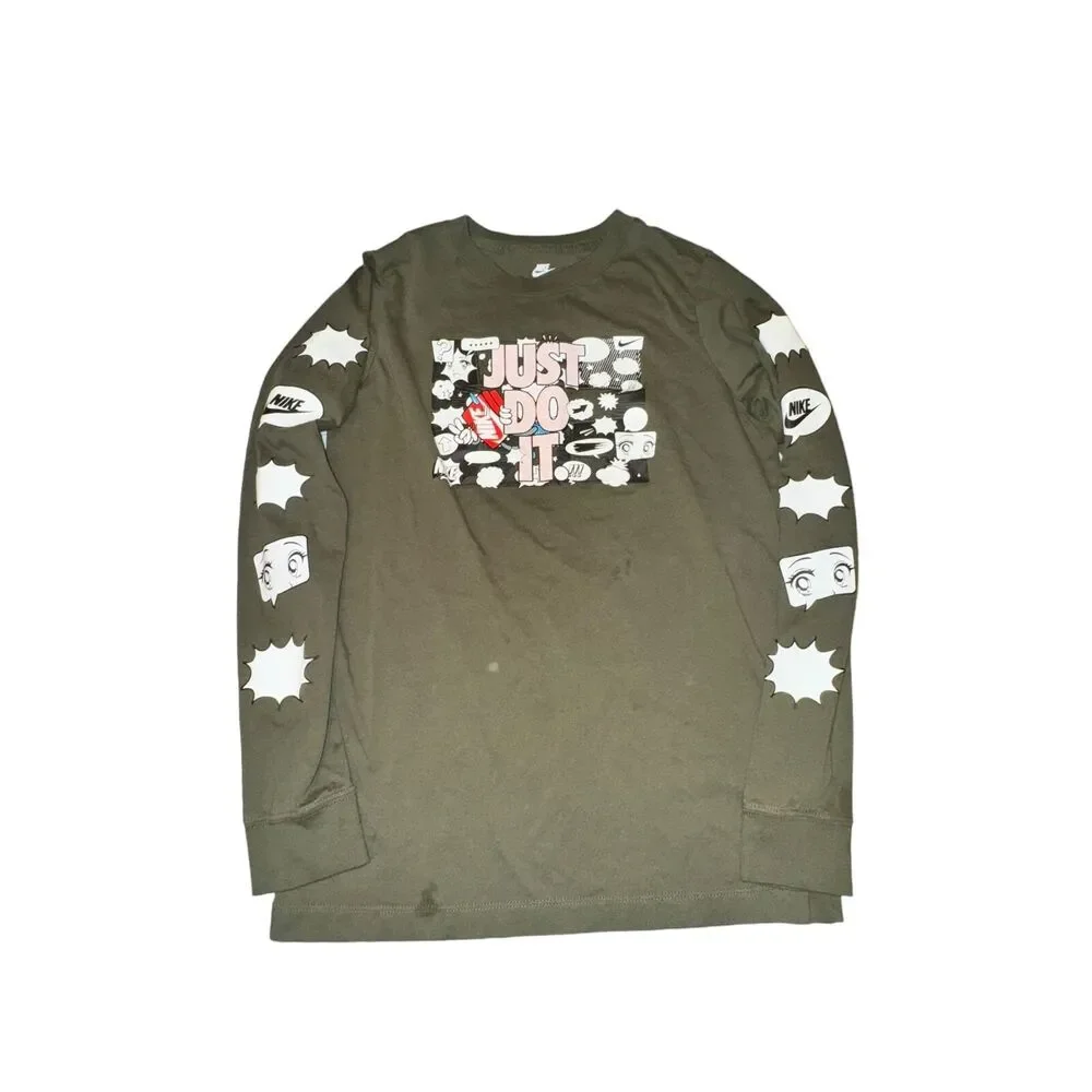 Nike Long Sleeve T-Shirt Big Kid's L Green Comic Book Graphic Sleeve Just Do It